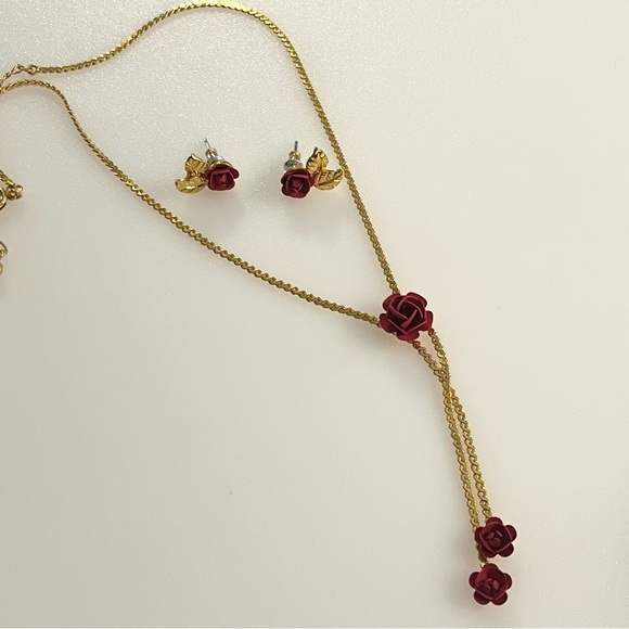 Vintage June Birth Flower Necklace and Earrings Set Gold Tone Red Rose Enamel - Picture 16 of 16